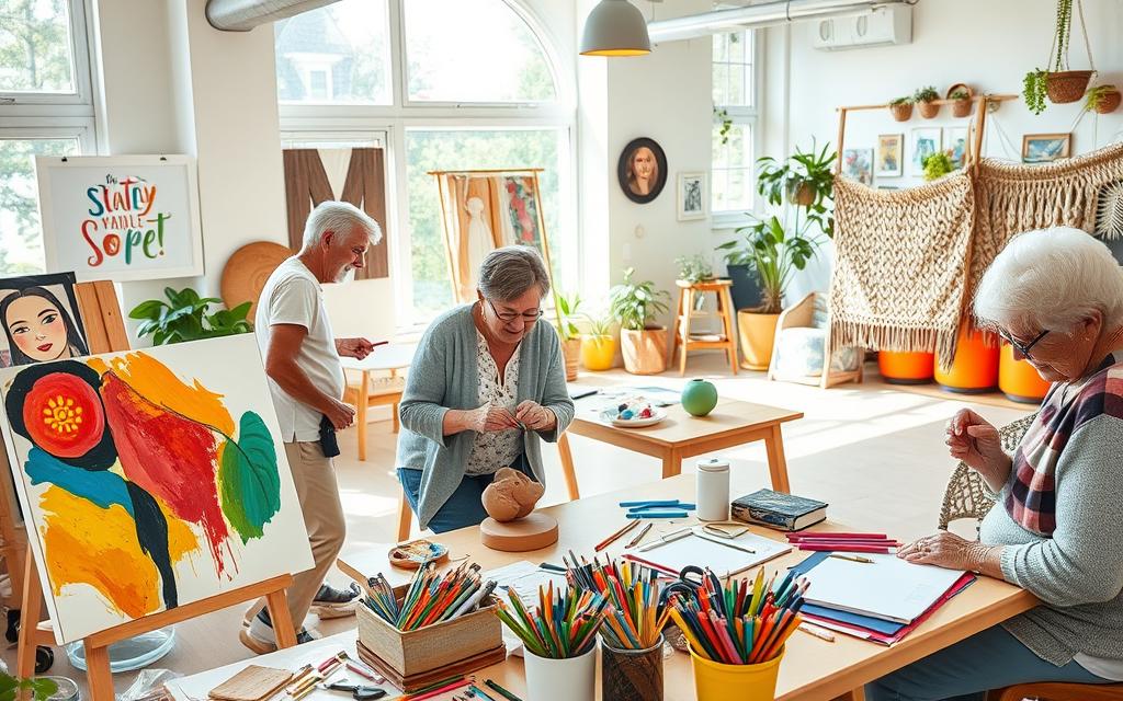 A brightly lit studio with natural lighting streaming through large windows. In the foreground, a group of seniors are engaged in various creative activities - one is painting a vibrant abstract canvas, another is sculpting a whimsical clay figure, while a third is weaving an intricate tapestry. In the middle ground, there are tables with art supplies, colored pencils, sketchpads, and other creative tools. The background features inspirational wall decor, potted plants, and a cozy seating area where seniors can relax and admire their handiwork. The overall atmosphere is one of joy, self-expression, and a sense of community as the seniors collaborate and support each other's artistic pursuits.