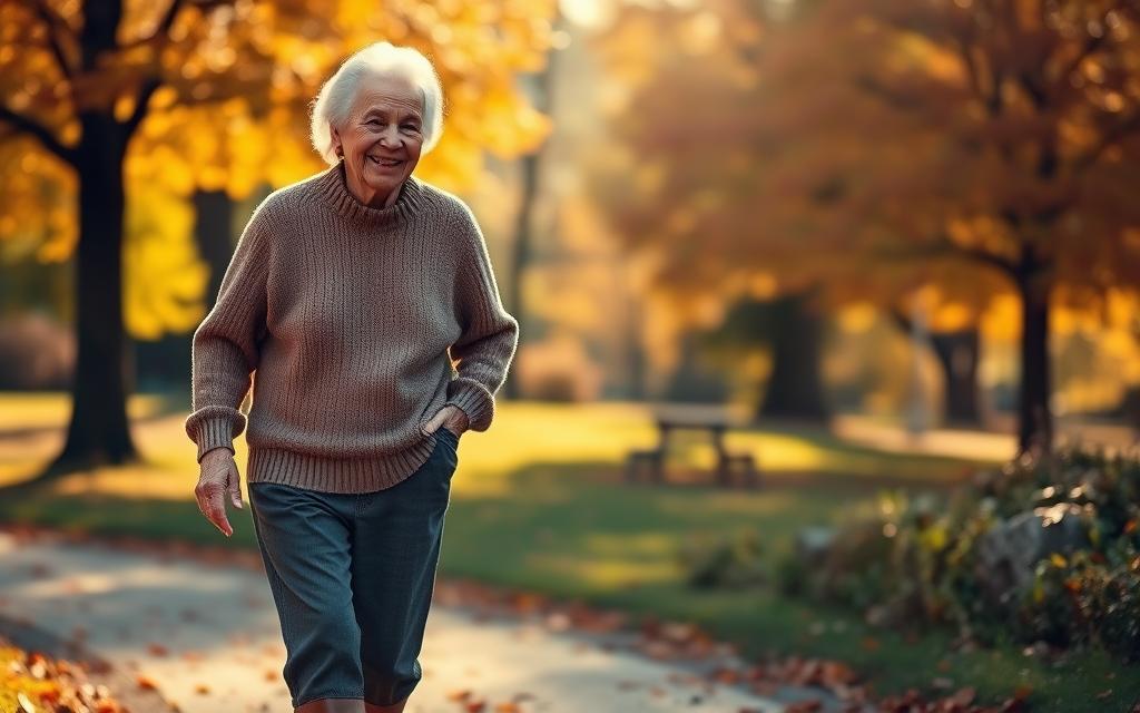 A cheerful elderly person wearing a cozy sweater, comfortable pants, and sturdy yet stylish boots, strolling through a park on a crisp autumn day. Warm sunlight filters through the colorful foliage, casting a gentle glow. The clothing is tailored for ease of movement and dressing, with thoughtful details like wide armholes and front-zip closures. The overall ensemble conveys a sense of security, dignity, and adaptability to the changing seasons.