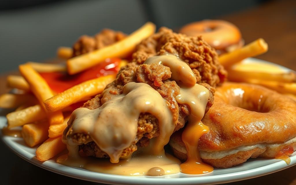 A close-up view of a plate filled with an assortment of unhealthy, greasy foods, including french fries, fried chicken, and doughnuts. The items are dripping with a thick, viscous liquid representing the harmful trans fats they contain. The lighting is harsh and unflattering, casting dramatic shadows that emphasize the unappetizing nature of the scene. The background is blurred, keeping the focus on the dangerous, senior-unfriendly foods in the foreground. The overall mood is one of caution and concern, highlighting the potential health risks that these trans fat-laden dishes pose to the elderly.