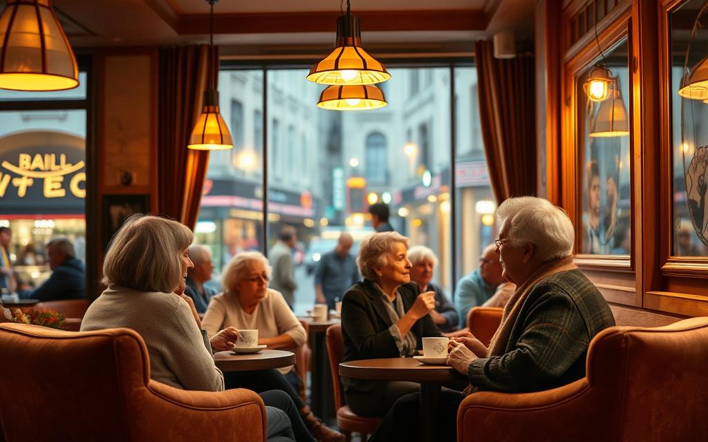 A cozy cafe interior, bathed in warm, soft lighting from overhead pendant lamps. Couples of mature adults, 60+ years old, engaged in lively conversation over cups of coffee or tea. The decor features earthy tones, plush armchairs, and subtle floral accents, creating a welcoming, intimate atmosphere. In the background, a large window offers a view of a bustling city street, hinting at the vibrant social life beyond. The overall scene conveys a sense of new beginnings, connections, and the rediscovery of romance in the golden years.