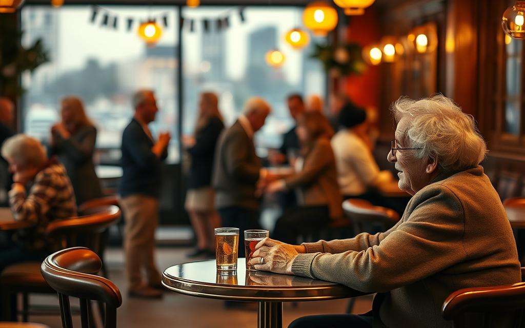 A cozy cafe interior with warm lighting and inviting ambiance. In the foreground, an elderly couple sitting at a small table, engaged in conversation, their expressions warm and genuine. The middle ground features other senior patrons mingling and enjoying their drinks, creating a lively, yet relaxed atmosphere. The background depicts a softly blurred cityscape through the cafe's large windows, hinting at the world beyond this intimate setting. The overall scene conveys a sense of connection, companionship, and the joys of senior dating in a welcoming, community-driven environment.