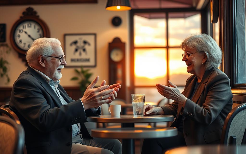 A cozy cafe setting with two mature adults engaged in a lively conversation. The foreground features a well-dressed older man and woman sitting at a small, intimate table, gesturing animatedly as they exchange stories and laugh. The middle ground showcases the warm, inviting atmosphere of the cafe, with a soft, ambient lighting creating a relaxed, conversational mood. The background subtly hints at the passing of time, with a vintage clock on the wall and a view of a vibrant sunset through the cafe windows, suggesting the effortless flow of a meaningful discussion. The scene conveys a sense of connection, comfort, and the joy of rediscovering companionship in the golden years.