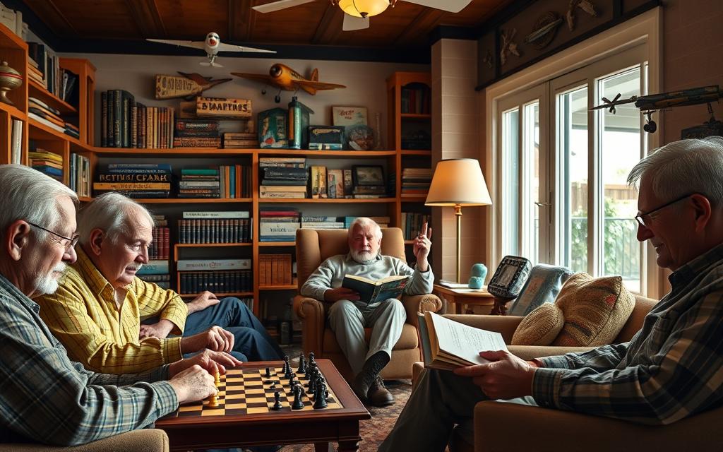 A cozy den filled with engaging activities for retired gentlemen. In the foreground, a group of senior men deeply absorbed in a lively game of chess, their faces alight with concentration and camaraderie. In the middle ground, an elder gent reclines in a plush armchair, engrossed in the pages of a well-worn book. Along the walls, shelves brim with an eclectic collection of board games, model airplanes, and other hobbies. Soft, warm lighting creates a welcoming ambiance, while large windows allow natural light to filter in, casting a soothing glow over the scene. The mood is one of peaceful contemplation and the joy of lifelong pursuits.