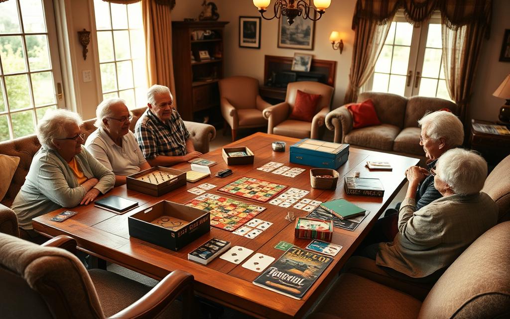 A cozy game night setup for senior citizens, bathed in warm, inviting lighting. On a sturdy wooden table, an assortment of classic board games and playing cards arranged neatly. Comfortable armchairs and plush sofas surround the table, creating an intimate, social atmosphere. The room is adorned with subtle, nostalgic decor, hinting at a lifetime of cherished gatherings. Large windows allow natural light to filter in, casting a gentle glow over the scene. The overall mood is one of friendly camaraderie, where laughter and friendly competition can thrive among a group of close-knit elders.
