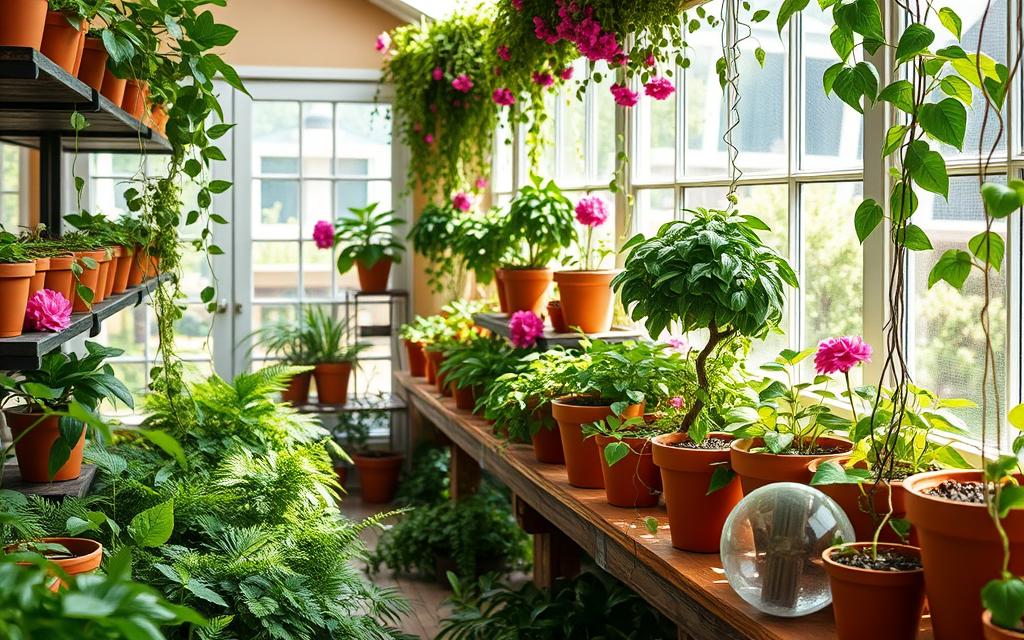 A cozy indoor garden oasis, filled with lush foliage and vibrant blooms. Soft natural light filters through large windows, casting a warm glow on the verdant scene. Elderly hands tenderly tend to the plants, their movements graceful and deliberate. Terracotta pots line shelves, trailing vines cascading down. The air is crisp with the earthy scent of soil and the gentle hum of pollinating insects. A tranquil sanctuary, where senior citizens can find solace and connection with nature, nurturing both body and mind.