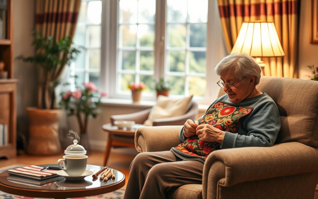 A cozy living room, bathed in warm, soft lighting. In the foreground, a smiling senior female citizen sits comfortably in a plush armchair, their hands deftly working on a colorful, intricate needlework project. Nearby, a table holds a cup of steaming tea and a selection of sewing supplies. In the middle ground, a window offers a glimpse of a tranquil garden, providing a serene backdrop. The atmosphere is one of quiet contentment and focus, as the senior engages in a hobby that keeps their mind and hands active, despite limited mobility.