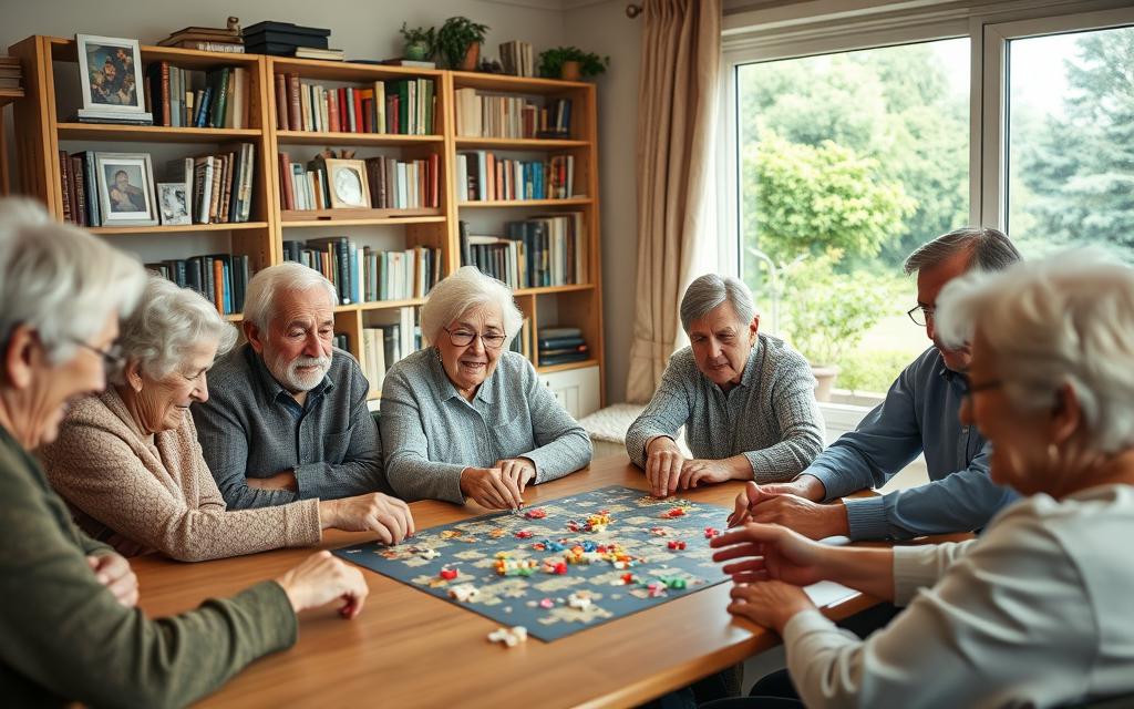 A cozy living room filled with engaging activities for senior citizens. In the foreground, a group of seniors gathered around a table, engrossed in a stimulating puzzle game, their faces alight with concentration. Behind them, shelves brimming with books, puzzles, and board games, inviting mental stimulation. Soft lighting casts a warm glow, creating a welcoming, comfortable atmosphere. In the background, an expansive window offers a serene view of a tranquil garden, providing a peaceful respite. Elderly hands deftly manipulate the game pieces, their eyes sparkling with the joy of cognitive engagement. A harmonious scene that captures the essence of therapeutic activities for cognitive stimulation.