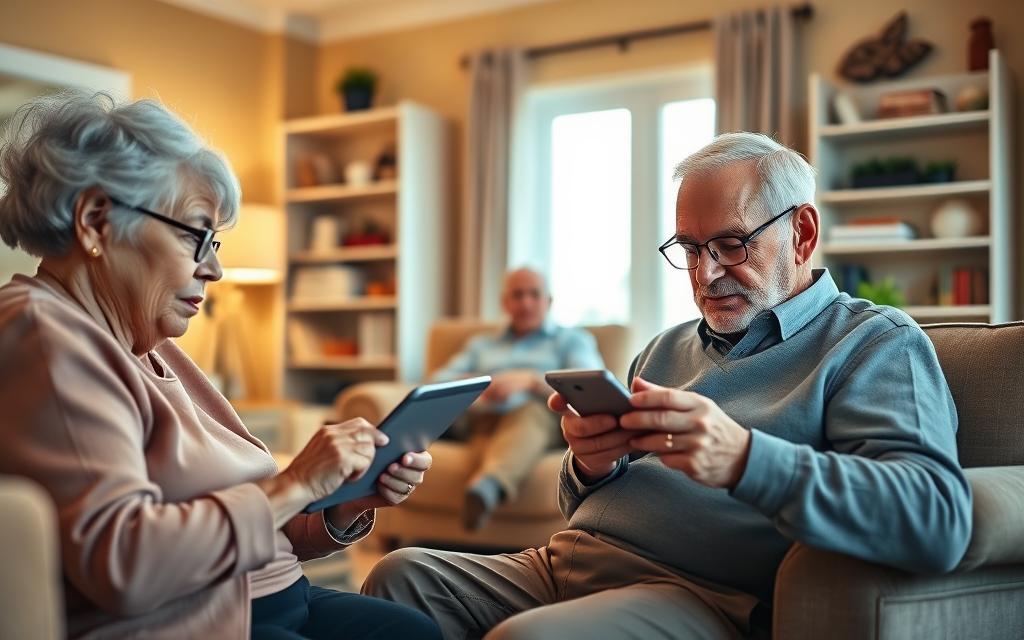 A cozy living room filled with natural light, where senior citizens comfortably navigate a selection of financial management apps on their tablets. The apps display clear and intuitive interfaces, with large icons and simplified menus. In the foreground, an elderly couple reviews their bank statements and investment portfolios, their expressions serene and focused. In the middle ground, a senior man sits in a plush armchair, intently studying a budgeting app on his smartphone. The background showcases a tastefully decorated space, with warm-toned decor and a bookshelf filled with personal mementos, conveying a sense of security and familiarity. The lighting is soft and inviting, creating a calming atmosphere conducive to financial planning and digital literacy.
