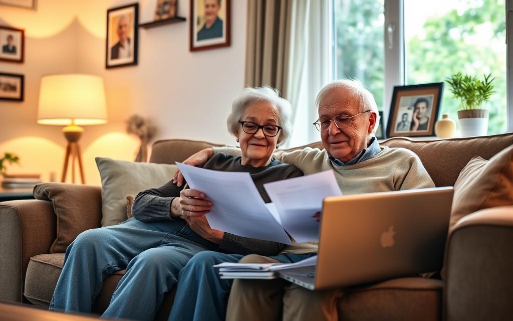 A cozy living room scene with an elderly couple sitting on a plush sofa, surrounded by essential financial documents and a laptop. Warm lighting from a floor lamp casts a comforting glow, while a window in the background overlooks a lush garden. The couple's expressions convey relief and gratitude as they navigate the process of securing emergency financial assistance. The room is adorned with personal mementos, reflecting their lifelong journey. A sense of security and support permeates the scene, emphasizing the importance of providing aid to senior citizens in times of need.