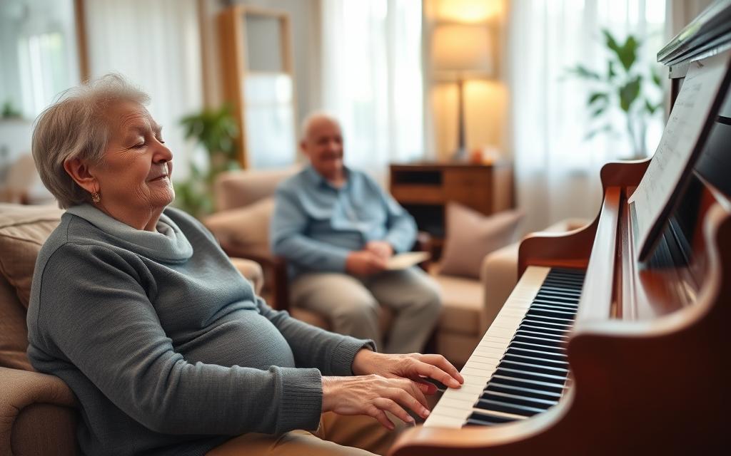 A cozy living room setting, soft natural lighting filtering through sheer curtains, as elderly individuals sit comfortably, their eyes closed, immersed in the soothing melodies of a gentle piano performance. Warm wooden tones, plush upholstery, and a sense of tranquility pervade the scene, creating an atmosphere of therapeutic relaxation. The pianist's skilled hands glide across the keys, their expression serene, as the music envelops the room, calming the senses and nourishing the souls of the attentive senior citizens.
