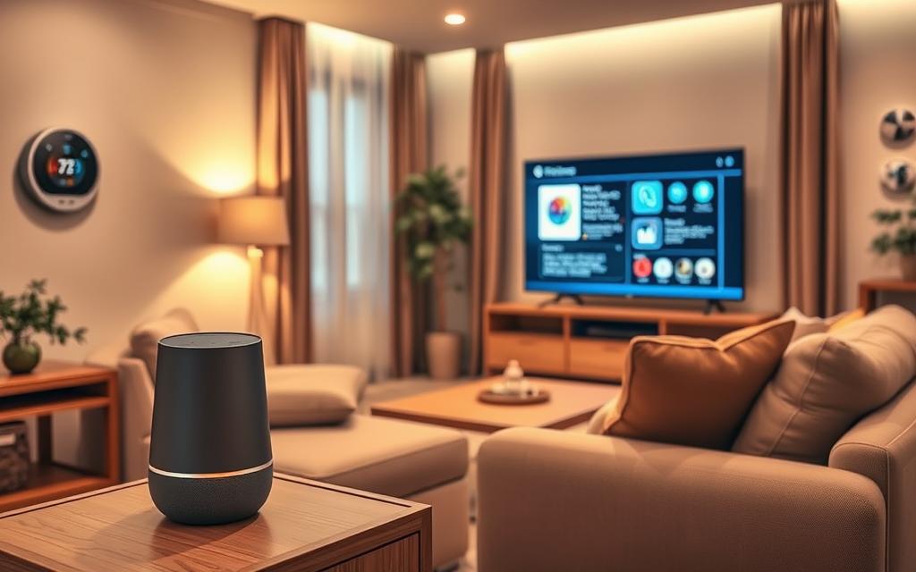 A cozy living room with an array of smart home devices designed to assist senior citizens. In the foreground, a sleek voice-controlled assistant sits atop a side table, ready to manage daily tasks and provide information. Across the room, a large, high-contrast display showcases easy-to-read notifications and reminders. Discreet motion sensors line the walls, monitoring movement and triggering soft, indirect lighting to guide seniors safely through the space. In the background, a smart thermostat and automated curtains create a comfortable, energy-efficient environment. Warm, natural tones and soft textures evoke a sense of familiarity and security, empowering seniors to live independently and confidently in their own homes.
