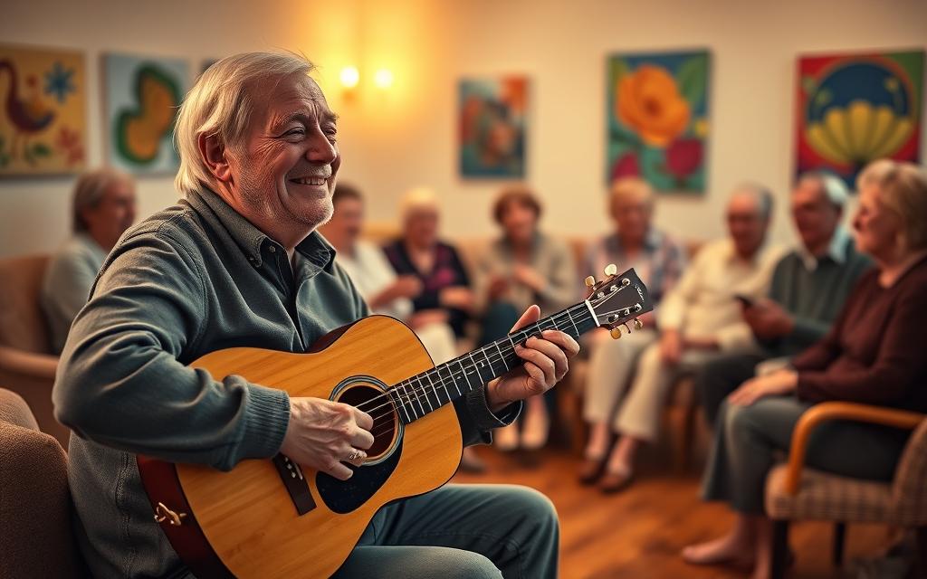 A cozy music therapy session for seniors with dementia. In the foreground, an elderly man with a gentle smile sits playing a soothing acoustic guitar, his eyes closed as he loses himself in the music. Around him, a circle of seniors listens intently, some swaying gently, their faces alight with calm focus. The warm, soft lighting casts a hazy, dreamlike glow, creating an atmosphere of tranquility and comfort. In the background, the walls are adorned with vibrant artworks, adding a touch of color and life to the serene scene. Soft natural textures, such as wooden floors and plush seating, contribute to the welcoming, home-like ambiance.