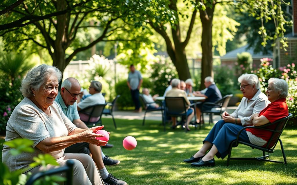 A cozy outdoor scene with seniors enjoying adaptive picnic games. In the foreground, a group of elderly friends playing a gentle tossing game with soft, brightly colored balls. Their expressions are engaged and delighted. In the middle ground, a shaded seating area with comfortable chairs and tables, where others chat and enjoy refreshments. The background features a lush garden setting, with blooming flowers and tall trees casting dappled sunlight. The overall mood is one of relaxation, connection, and the joyful simplicity of leisure time shared among older adults. Soft, warm lighting and a shallow depth of field enhance the tranquil atmosphere.