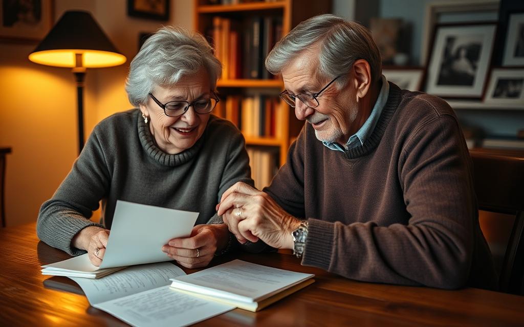 A cozy scene of two senior friends, sitting together at a wooden table, poring over a stack of handwritten letters. Soft, warm lighting from a nearby floor lamp casts a gentle glow, creating an atmosphere of intimacy and connection. In the background, a bookshelf filled with well-worn volumes and a framed photograph hint at a lifetime of shared experiences. The elderly companions lean in, their faces alight with joy as they read each other's words, their hands clasped across the tabletop - a testament to the power of long-distance friendship and the enduring bonds forged through the simple act of letter writing.