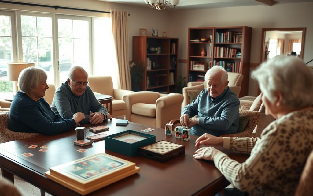 A cozy senior living room, sunlight streaming through large windows. In the foreground, a group of elderly friends gathered around a table, playing a captivating card game, their faces alight with concentration and camaraderie. The middle ground showcases a variety of low-impact games, from gentle board games to plush, interactive puzzles, designed to stimulate the mind and encourage social interaction. The background features comfortable armchairs, bookshelves, and a warm, inviting atmosphere, creating a space where seniors can feel at ease and enjoy their leisure time together. The overall scene radiates a sense of tranquility, engagement, and a celebration of the wisdom and experience of the golden years.