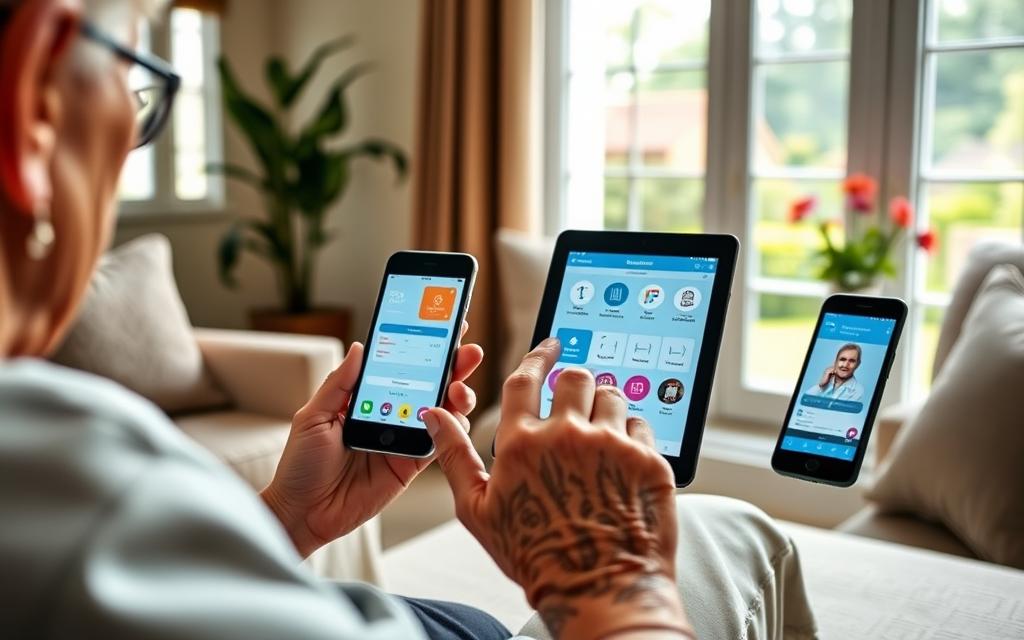 A cozy senior living room with natural lighting, showcasing a collection of health management apps on a tablet and smartphone. In the foreground, an elderly person's hands expertly navigating the intuitive interfaces, while in the background, a window overlooking a serene garden scene provides a calming atmosphere. The apps display features such as medication reminders, fitness tracking, and telehealth consultations, all designed to empower seniors to manage their well-being independently. The scene conveys a sense of empowerment, comfort, and the seamless integration of technology into the daily lives of health-conscious older adults.