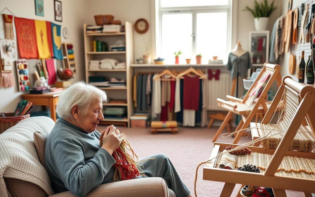 A cozy studio filled with vibrant, adaptive crafts for seniors. In the foreground, an elderly person seated comfortably, immersed in the tactile joy of knitting or weaving a colorful tapestry. Soft, diffused lighting from a large window bathes the scene in a warm, soothing glow. The middle ground showcases a variety of adaptive tools and materials, from specialized ergonomic paintbrushes to textured fabrics and embroidery frames, all within easy reach. In the background, shelves display the seniors' handcrafted creations, a testament to their resilience and creativity. An atmosphere of calm concentration and fulfillment pervades the space, inspiring a sense of wonder and the power of self-expression, even in the face of physical limitations.