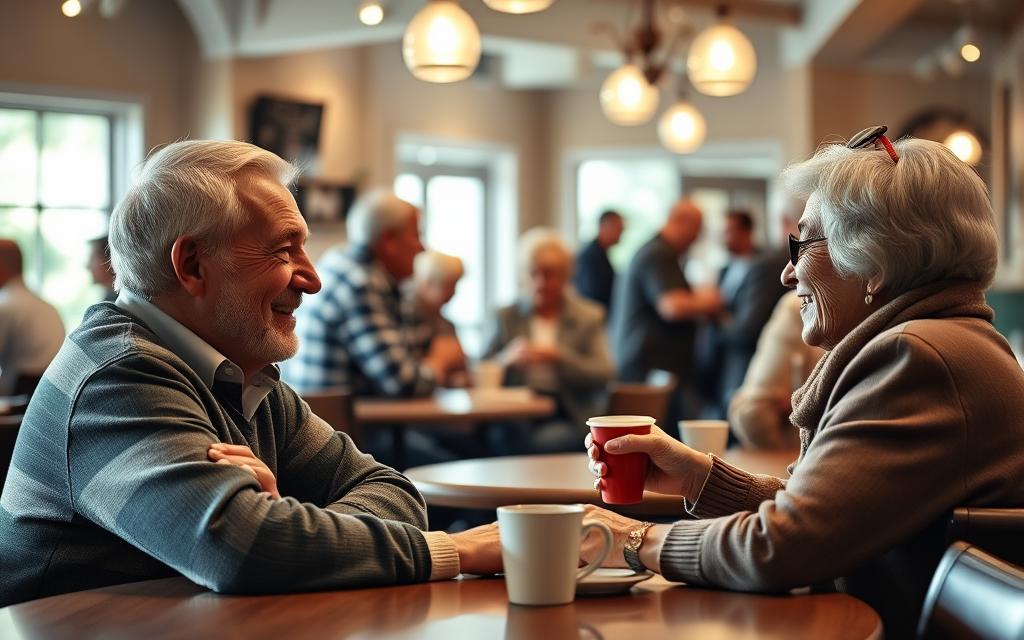 A cozy, well-lit cafe interior with elderly patrons engaged in animated conversations. In the foreground, a senior couple sits at a table, faces lit with warm smiles as they lean in, deep in discussion. The middle ground showcases other seniors mingling, sipping coffee and exchanging contact information. Soft lighting creates a welcoming, intimate atmosphere, accentuating the sense of community and budding connections. The background is filled with the gentle hum of conversation and the aroma of freshly brewed coffee, evoking the relaxed, convivial spirit of a post-speed dating follow-up.