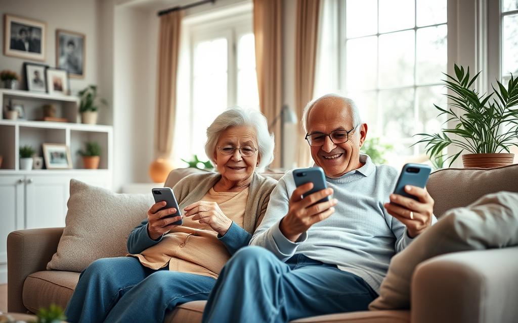 A cozy, well-lit living room with a cheerful, elderly couple sitting on a comfortable sofa, intently focused on their smartphones. The room is adorned with family photos and potted plants, creating a warm, inviting atmosphere. Soft, natural lighting filters in through large windows, casting a gentle glow on the seniors' faces as they navigate various communication apps, staying connected with loved ones. The scene conveys a sense of digital empowerment and social engagement, highlighting how technology can enrich the lives of older adults.