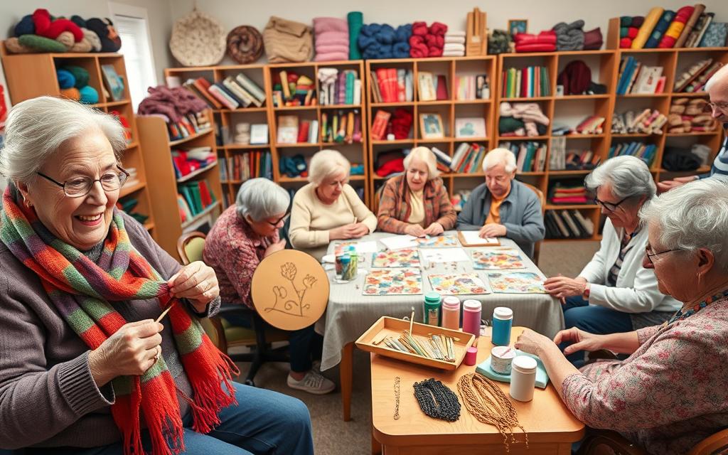 A cozy, well-lit studio filled with a group of senior citizens engaged in a variety of crafting activities. In the foreground, an elderly woman meticulously knits a vibrant scarf, her face alight with concentration. Beside her, another senior delicately paints a delicate floral pattern on a wooden plaque, her brush strokes precise and graceful. In the middle ground, a circle of elders sits around a large table, sharing ideas and materials as they create handmade greeting cards, colorful quilt squares, and intricate beaded jewelry. The background showcases shelves brimming with an array of craft supplies, from yarn and fabrics to paints and clay, all within easy reach of the industrious crafters. The overall scene exudes a sense of camaraderie, creativity, and the joy of lifelong learning.