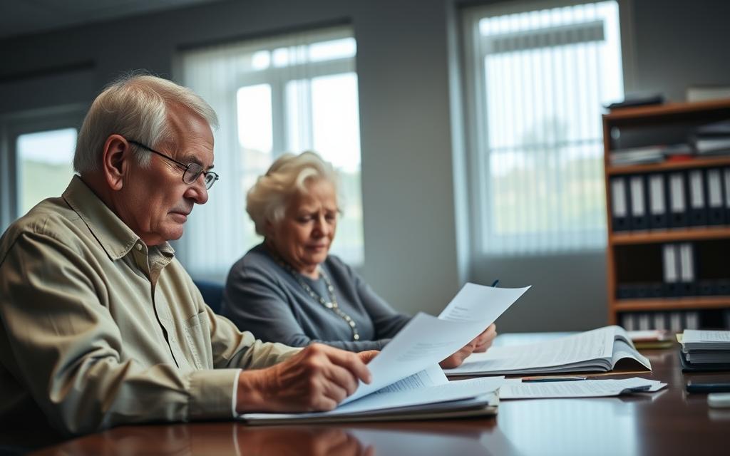A dimly lit office, soft natural light filtering through the windows. An elderly couple sits at a desk, carefully filling out forms and paperwork, their faces etched with focus and determination. In the background, a shelf of binders and folders, symbolizing the bureaucratic process they navigate. The scene conveys a sense of quiet dignity and perseverance, as the senior citizens carefully work through the application process to secure the funding they need.
