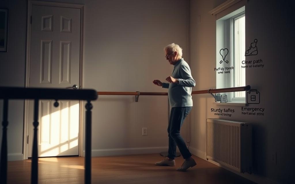 A dimly lit room with a senior citizen performing balance exercises, surrounded by supportive rails and assistive devices. Soft lighting from a nearby window illuminates the scene, creating a warm and comforting atmosphere. The figure moves with deliberate steps, focusing intently on maintaining stability. In the background, subtle icons or illustrations depict essential safety tips, such as sturdy footwear, a clear path, and emergency contact information. The overall composition conveys a sense of empowerment and confidence in improving balance and preventing falls.