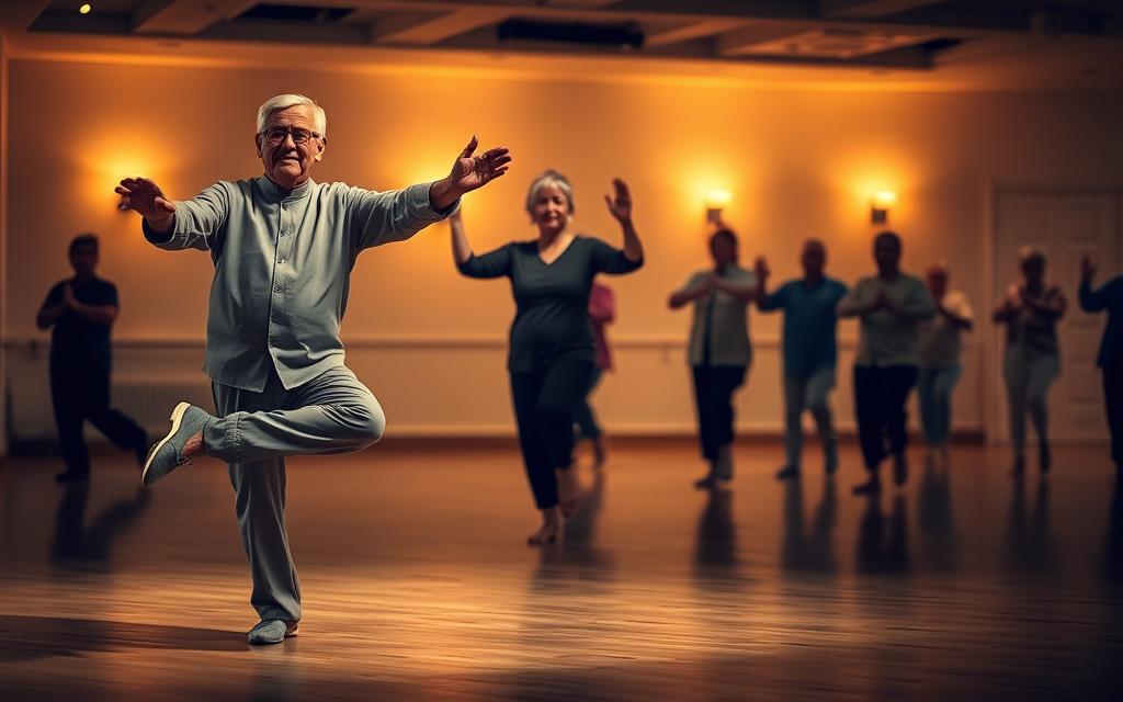 A dimly lit studio with warm, soft lighting illuminates a group of senior adults gracefully performing Tai Chi exercises. In the foreground, an elderly man balances on one leg, his arms extended in a fluid motion, his face serene and focused. In the middle ground, a woman shifts her weight from one foot to the other, her movements smooth and controlled. In the background, several other seniors move through a sequence of poses, their bodies aligned and in harmony. The scene conveys a sense of calm, concentration, and the progression of balanced movement, reflecting the journey of mastering Tai Chi skills.