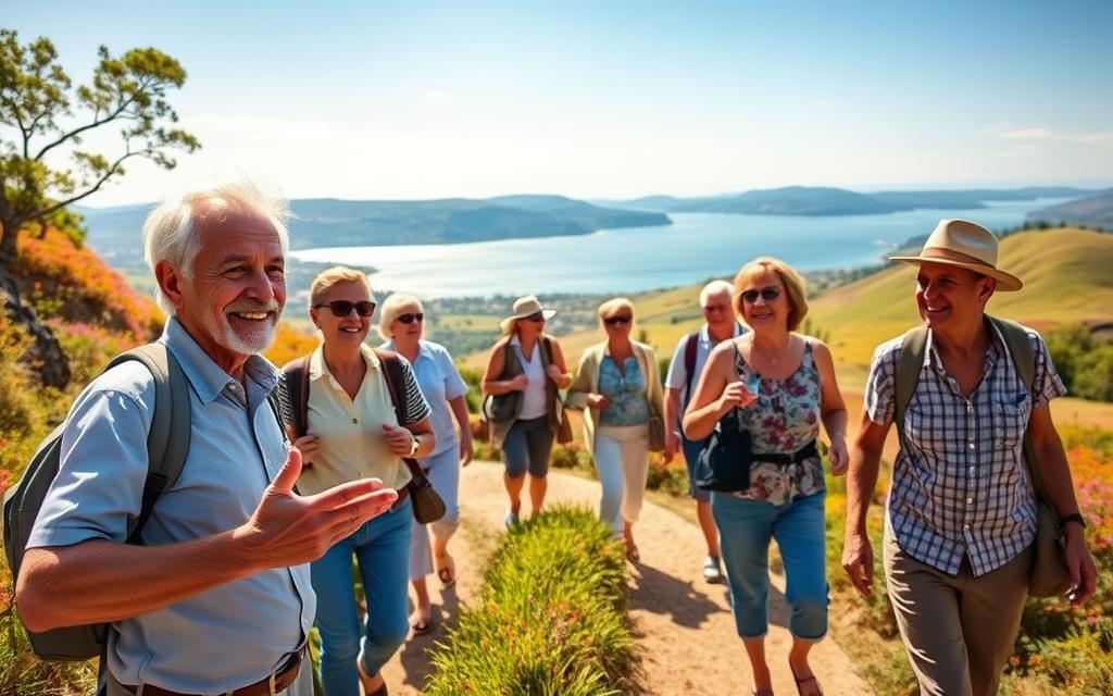 A diverse group of seniors, dressed in comfortable travel attire, exploring a vibrant, sun-drenched location. In the foreground, a friendly-looking tour guide gestures animatedly, leading the group down a winding path lined with colorful local flora. The middle ground features the seniors, a mix of ages and ethnicities, engaged in lively conversation and taking in the sights with enthusiasm. In the background, a scenic vista of rolling hills, a glistening body of water, and a clear blue sky create a sense of peaceful adventure. Soft, warm lighting bathes the scene, evoking a mood of camaraderie, discovery, and the joy of travel in the golden years.