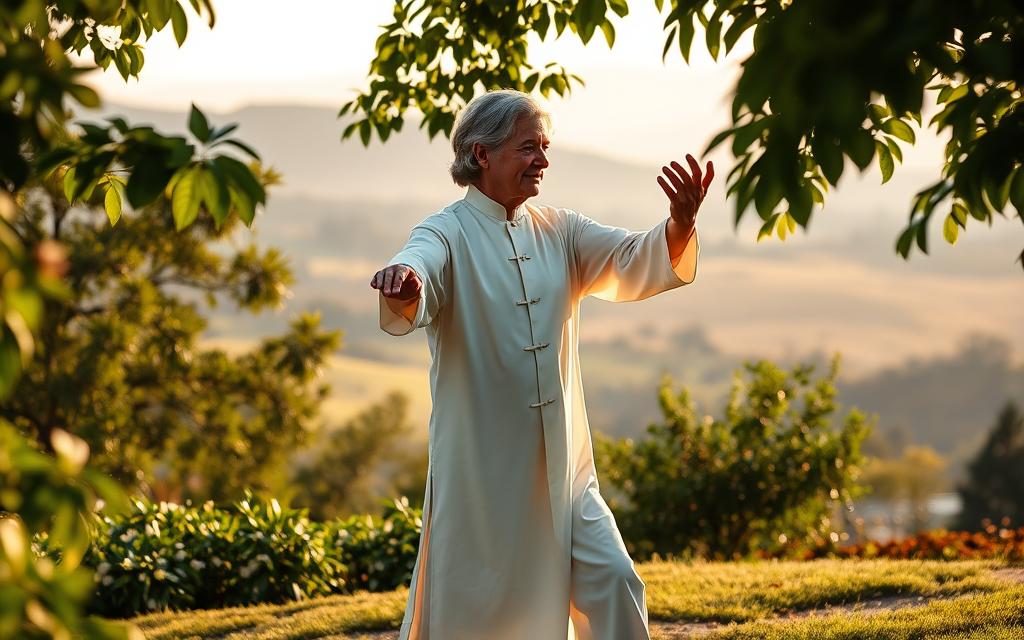 A graceful, middle-aged practitioner stands centered in a tranquil garden, performing the elegant "Wave Hands Like Clouds" Tai Chi movement. Soft, natural lighting filters through lush foliage, casting gentle shadows. The practitioner's form is fluid and focused, their hands sweeping in a mesmerizing ebb and flow, as if commanding the very clouds above. The background is a serene landscape of rolling hills, lush greenery, and a distant, hazy horizon. An atmosphere of peaceful contemplation and mindful movement permeates the scene.