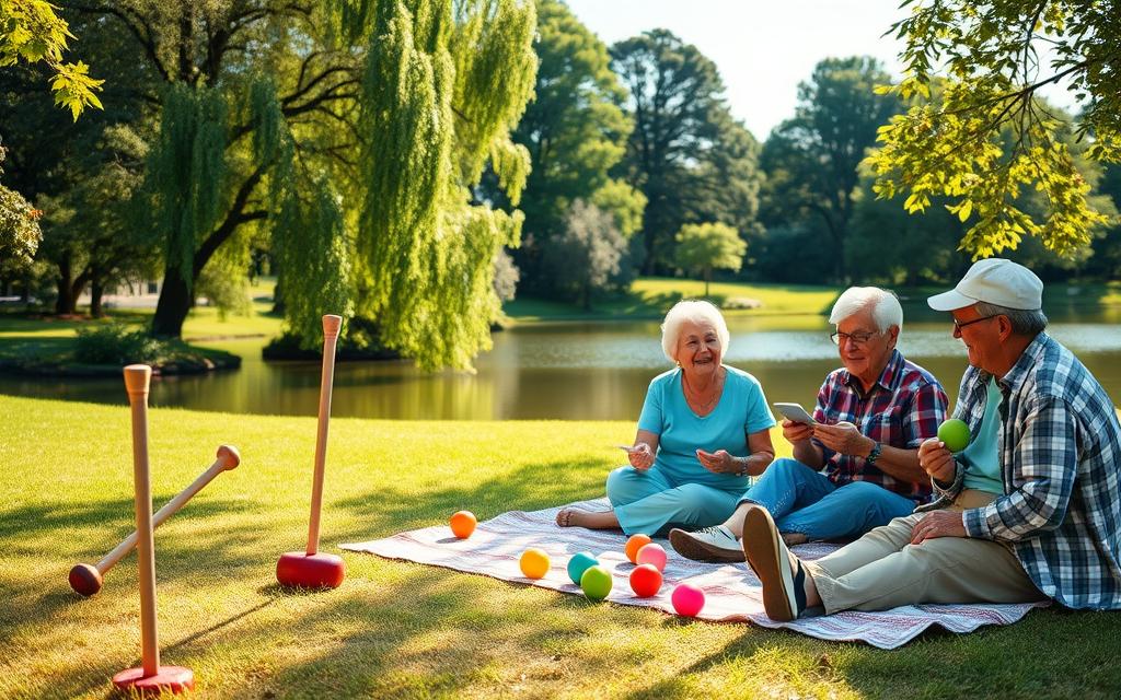 A group of active senior citizens enjoying a serene picnic in a lush, sun-dappled park. In the foreground, a friendly game of croquet is underway, the players carefully maneuvering their mallets to send the vibrant balls through the hoops. In the middle ground, a cozy blanket is spread out, with seniors engaged in a lively game of cards, their faces alight with laughter. The background features a tranquil pond, its surface reflecting the verdant trees and azure sky above. Warm, natural lighting filters through the canopy, creating a soothing, relaxed atmosphere. This idyllic scene captures the joy and camaraderie of seniors embracing the simple pleasures of a stress-free picnic day.