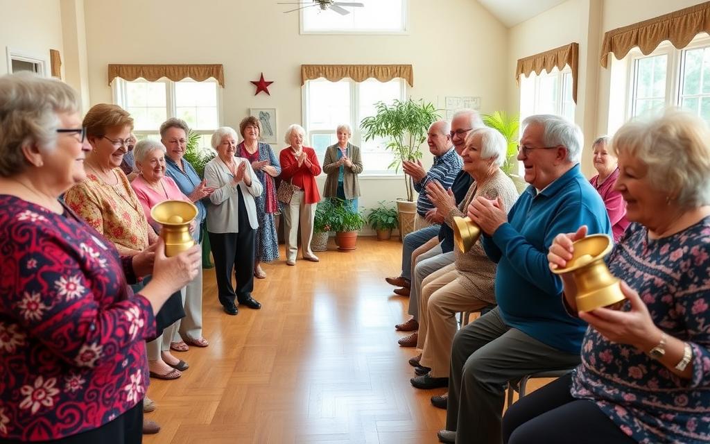 A group of lively senior citizens enthusiastically performing a handbell choir concert in a warm, well-lit community center. The foreground features the choir members, their hands skillfully maneuvering the handbells, creating a harmonious melody. The middle ground showcases the audience, a mix of attentive seniors and their supportive family members, clapping and swaying to the music. The background depicts the inviting space, with wooden floors, potted plants, and large windows allowing natural light to flood the room, conveying a sense of vibrancy and community. The overall scene exudes a feeling of joy, mental engagement, and the celebration of an unusual hobby that keeps these seniors' minds sharp and their spirits high.