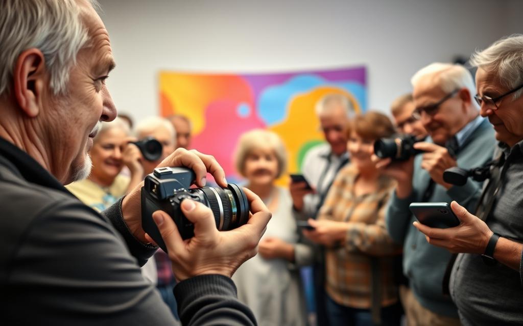 A group of senior citizens captured in a lively, well-lit photography session. In the foreground, an elderly man frames his shot with a professional-grade camera, his expression focused and intent. Around him, a circle of seniors gather, each holding their own cameras and smartphones, engaged in animated discussion. The middle ground reveals a vibrant, colorful backdrop, hinting at a creative, studio-like setting. The lighting is soft and even, accentuating the seniors' faces and the details of their photographic equipment. An atmosphere of camaraderie, curiosity, and the joy of discovery permeates the scene, reflecting the spirit of an enriching hobby for retirees.