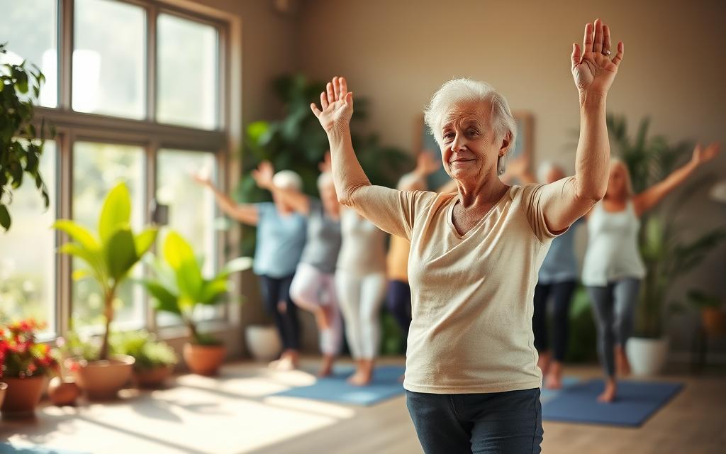 A group of senior citizens engaged in gentle balance exercises, bathed in warm natural light streaming through large windows. In the foreground, an elderly woman gracefully holds a tree pose, her expression serene and focused. In the middle ground, several seniors stand with their arms extended, balancing on one leg as an instructor guides them. In the background, a tranquil indoor garden setting with lush greenery and soothing colors creates a calming atmosphere. The scene conveys a sense of harmony, mindfulness, and the empowering benefits of staying physically active in one's golden years. A group of senior citizens engaged in gentle balance exercises, bathed in warm natural light streaming through large windows. In the foreground, an elderly woman gracefully holds a tree pose, her expression serene and focused. In the middle ground, several seniors stand with their arms extended, balancing on one leg as an instructor guides them. In the background, a tranquil indoor garden setting with lush greenery and soothing colors creates a calming atmosphere. The scene conveys a sense of harmony, mindfulness, and the empowering benefits of staying physically active in one's golden years.