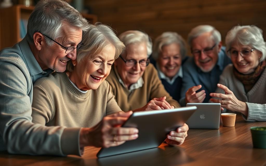 A group of senior citizens gathered around a wooden table, faces aglow with the warm light of their digital devices. In the foreground, a woman in her 70s, hair neatly styled, intently scrolling through a sleek tablet, her expression one of focused concentration. Beside her, an elderly gentleman leans in, peering over her shoulder, a gentle smile on his weathered face as he observes the screen. In the middle ground, two other seniors, a man and a woman, engaged in a lively video call, their laughter and animated gestures filling the cozy room. The background is softly blurred, highlighting the intimacy of the scene, a sense of connection and shared experience among this vibrant community of digital natives.