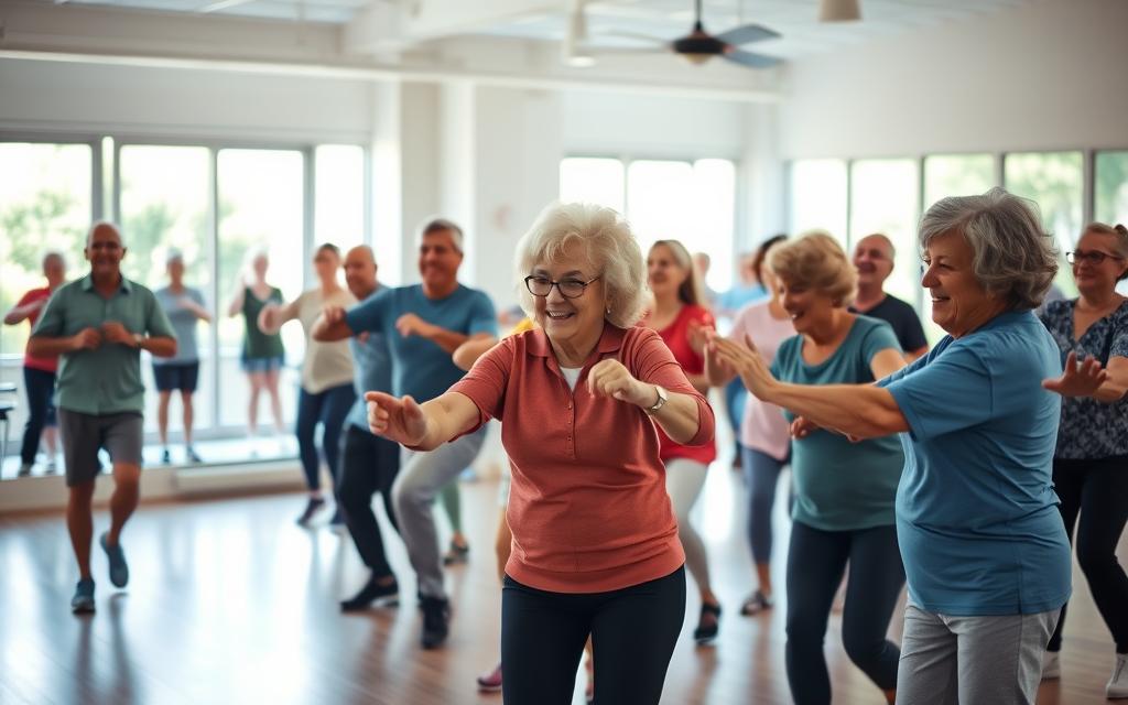 A group of vibrant senior citizens gathered in a well-lit community center, engaging in a lively group exercise session. In the foreground, a mix of men and women of diverse backgrounds enthusiastically follow the lead of a skilled instructor, their faces radiating joy and determination. The middle ground features a spacious, airy studio with ample floor space and mirrored walls, creating a sense of energy and camaraderie. In the background, large windows bathe the scene in warm, natural light, casting a soft, inviting glow over the active, connected group. The overall atmosphere conveys a spirit of community, wellness, and the enriching power of physical activity in the golden years.