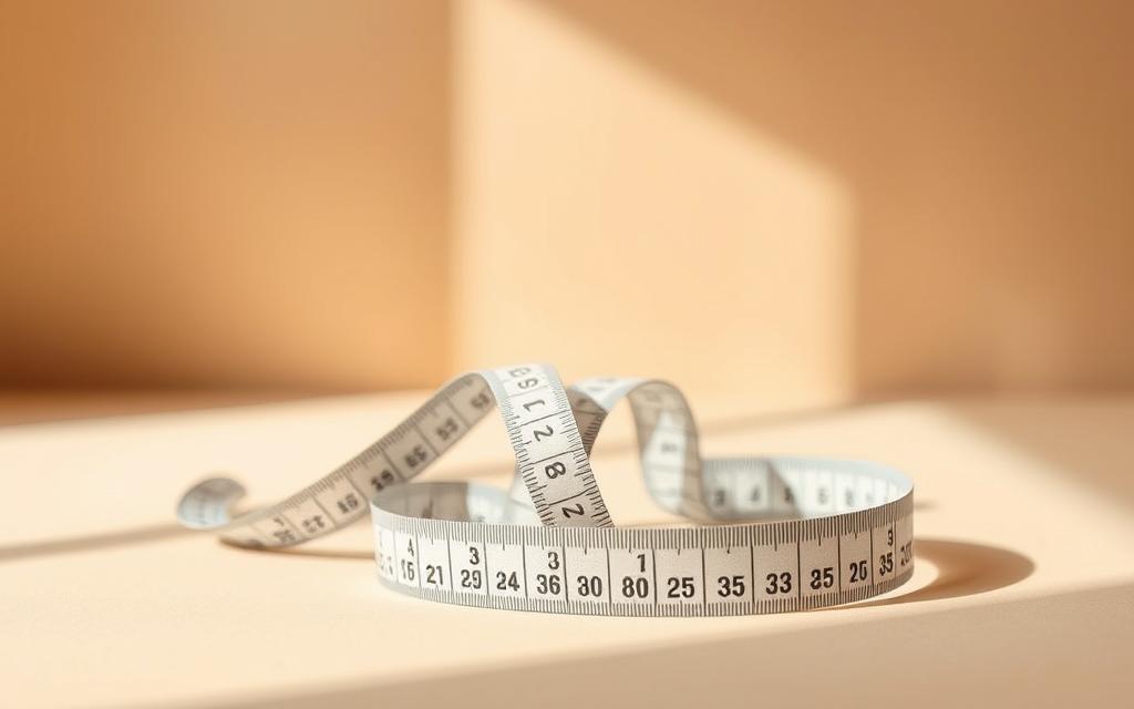 A measuring guide for adaptive clothing, featuring a soft, elderly-friendly tape measure unfurled across a clean, well-lit surface. The tape measure has markings in both imperial and metric units, catering to diverse user needs. The background is a warm, neutral tone, creating a calming and inviting atmosphere. Subtle shadow and highlights add depth and dimensionality, guiding the viewer's eye to the central measuring tool. The overall composition conveys a sense of simplicity, clarity, and accessibility - key considerations for senior citizens with dementia, ensuring a seamless and empowering experience when finding the perfect fit.