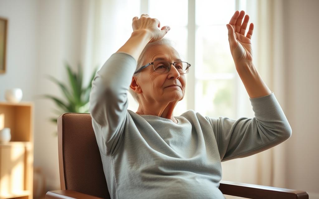 A peaceful, sun-lit room with a senior citizen seated in a comfortable chair, gently stretching their arms overhead, shoulders, and neck. Soft, diffuse lighting illuminates their serene, focused expression as they flow through a series of slow, deliberate movements to improve flexibility and range of motion. The camera angle is slightly elevated, capturing the scene from an encouraging, empathetic perspective. The atmosphere conveys a sense of tranquility, care, and gentle guidance suitable for an article on chair yoga for seniors.