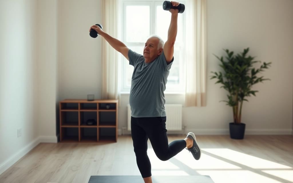 A senior adult performing a balance exercise with dumbbells, standing on one leg and reaching overhead, against a backdrop of a minimalist home gym setting. Soft, even lighting from a window illuminates the scene, casting long shadows and highlighting the individual's form and focus. The expression conveys determination and control as they work to strengthen their core and stabilize their body. The overall atmosphere is serene and aspirational, showcasing the benefits of incorporating strength training into a balanced exercise routine for improved balance and stability.