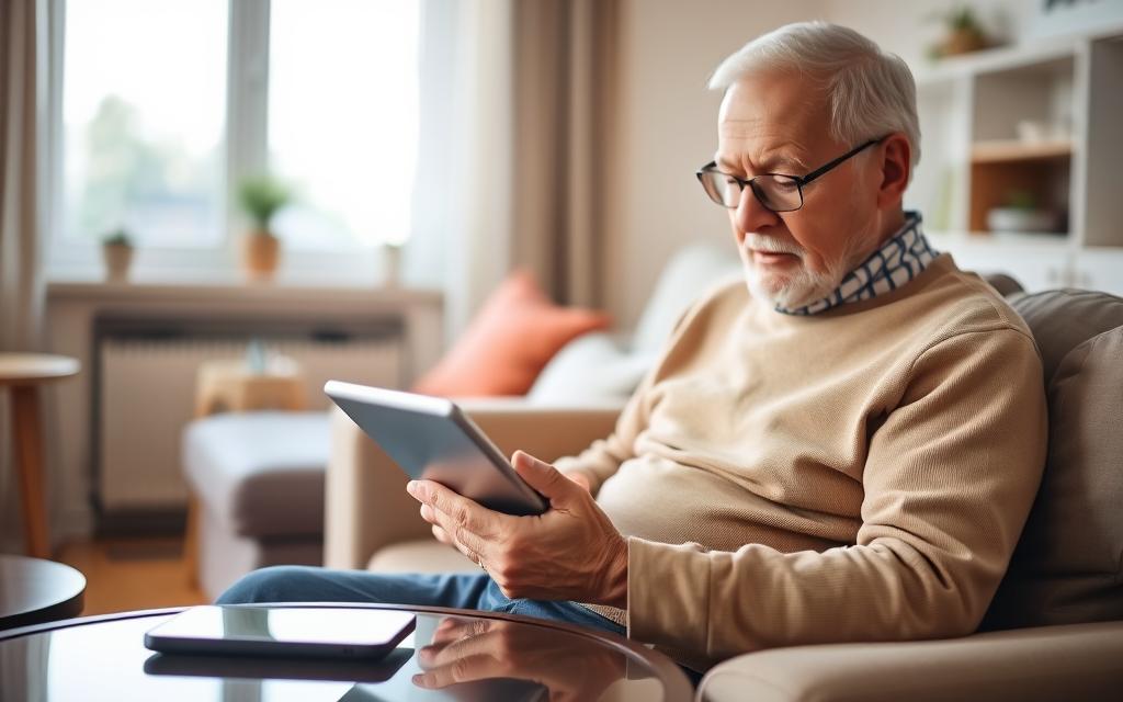 A senior citizen sits comfortably in a well-lit living room, intently focused on a sleek digital tablet in their hands. The room's warm, inviting atmosphere is complemented by soft, natural lighting from a nearby window. In the middle ground, a smart phone rests on a side table, within easy reach, symbolizing the seamless integration of technology in the individual's daily life. The background showcases a sense of tranquility and contentment, emphasizing the enrichment and entertainment that digital literacy brings to this stage of life. The overall scene conveys a sense of digital empowerment and meaningful engagement with technology.