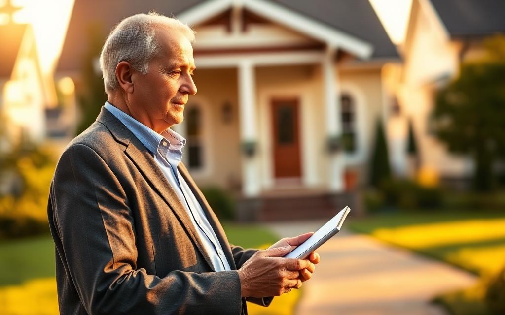 A senior citizen standing in front of their home, carefully considering various reverse mortgage lender options. The scene is bathed in warm, golden light, creating an atmosphere of contemplation and decision-making. The foreground features the senior, dressed smartly, holding a tablet or documents, brow furrowed in concentration. The middle ground shows the well-maintained, inviting home, a symbol of the financial security the senior seeks. The background blurs into a suburban neighborhood, suggesting the wider context of the decision. The composition emphasizes the gravity of the moment, the senior's careful deliberation, and the importance of choosing the right reverse mortgage lender.