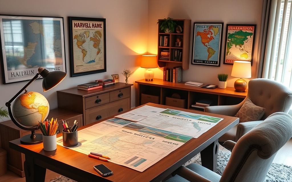 A senior citizen's cozy home office with a large desk, featuring a detailed travel itinerary, colored pens, and a globe. Warm lighting from a table lamp casts a soft glow, creating a contemplative atmosphere. In the background, framed vintage travel posters adorn the walls, hinting at exciting destinations. A comfortable armchair and a plush rug invite the viewer to sit and plan their dream 2025 senior travel adventure, filled with fun and exploration.