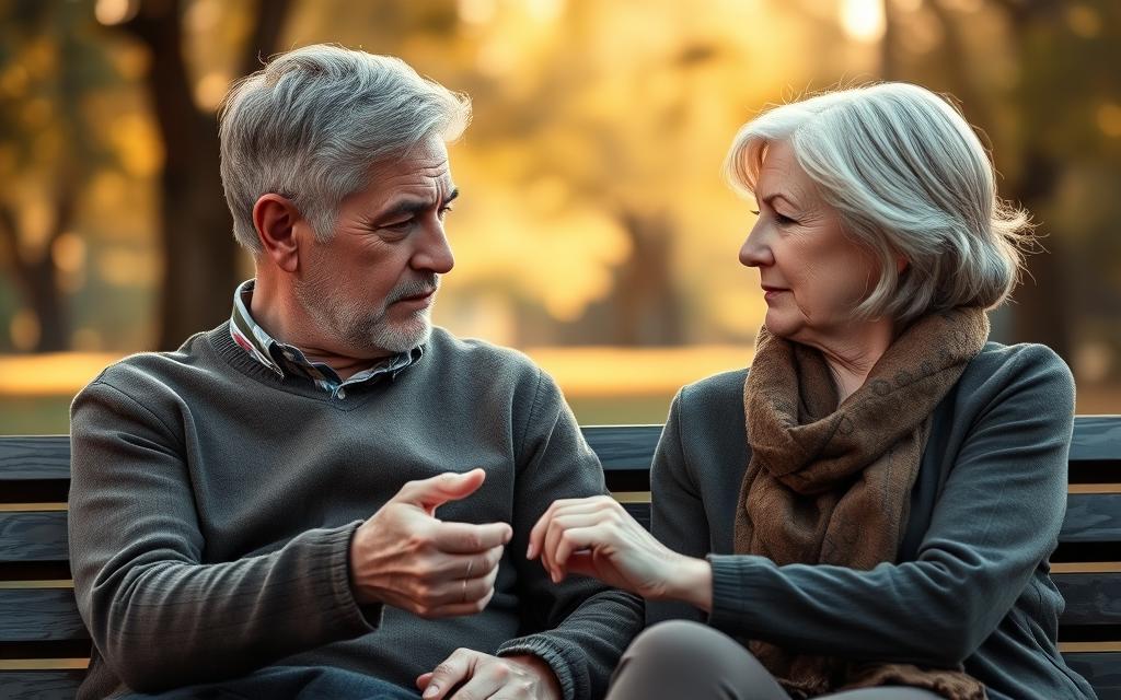 A senior couple sitting on a park bench, nervously facing each other, their faces etched with uncertainty and apprehension. The man, with graying hair and a wrinkled brow, hesitantly reaches out to hold the woman's hand, his expression a mix of hope and trepidation. The woman, her silver locks framing a gentle, yet anxious countenance, averts her gaze, struggling to overcome her own insecurities. A warm, soft light filters through the trees, casting a contemplative mood over the scene. The background is blurred, emphasizing the focus on the couple's emotional vulnerability and the daunting task of rediscovering love in their golden years.