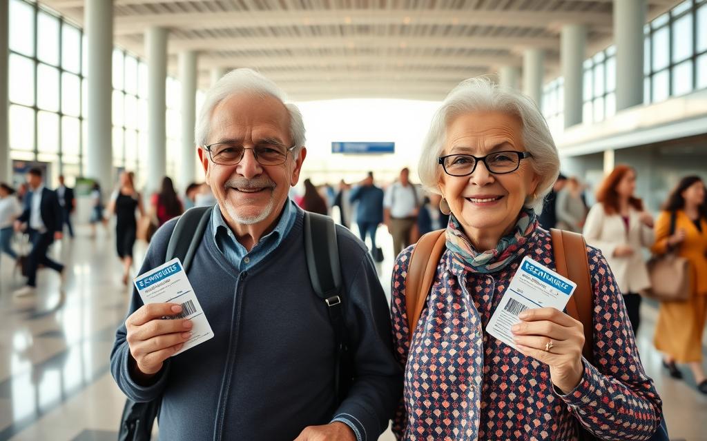 A senior couple strolling through a bustling airport, their faces lit by natural sunlight from large windows. In the foreground, they proudly display senior travel discount cards, their expressions filled with excitement for their upcoming journey. The middle ground showcases travelers of all ages passing by, while the background depicts the grand, modern architecture of the terminal, hinting at the destinations and adventures that await. The scene conveys a sense of freedom, opportunity, and the privileges earned through a lifetime of experience.