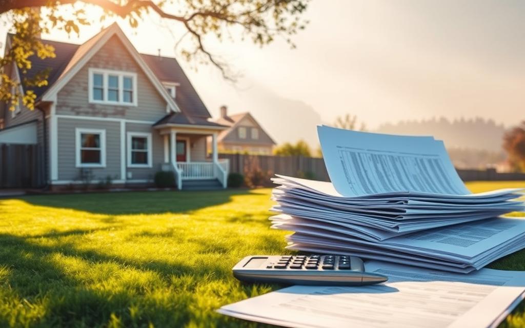 A seniors' home stands in the foreground, its weathered facade capturing the weight of years. Sunlight dapples the lawn, casting long shadows that hint at the complexities of reverse mortgage costs. In the middle ground, a stack of documents and a calculator symbolize the financial calculations involved. The background is hazy, suggesting the uncertainty that often accompanies such major financial decisions. The overall scene evokes a sense of contemplation, as if the viewer is considering the pros and cons of a reverse mortgage, mindful of the associated expenses.