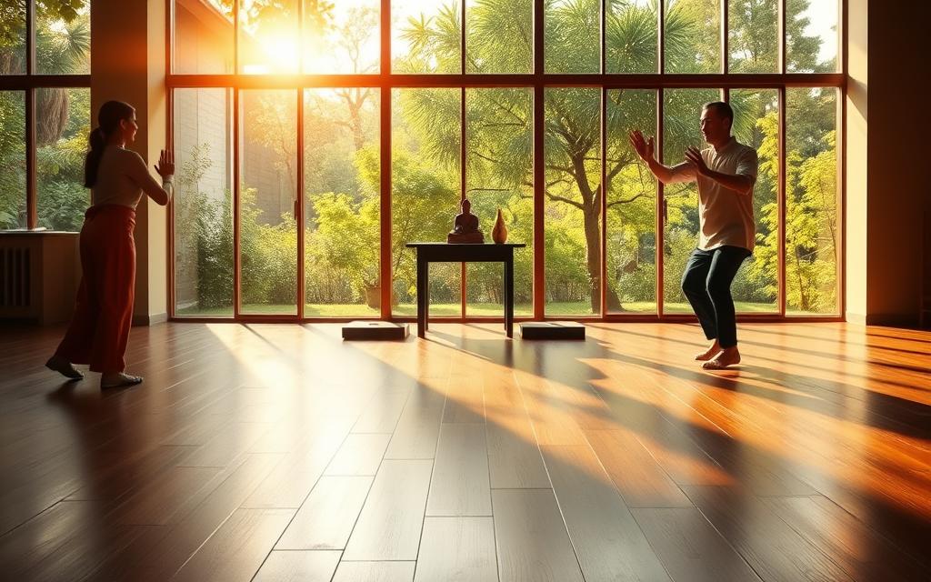 A serene Tai Chi practice space, bathed in warm, golden light filtering through large windows. The foreground features a polished hardwood floor, inviting practitioners to move gracefully through their forms. In the middle ground, a minimalist altar stands, adorned with a single candle and a small Buddha statue, creating a tranquil, meditative atmosphere. The background showcases a lush, verdant garden visible through the windows, adding a sense of connection to nature. The entire scene is captured with a wide, cinematic lens, emphasizing the spaciousness and tranquility of the setting, perfect for Tai Chi practitioners to cultivate their practice.