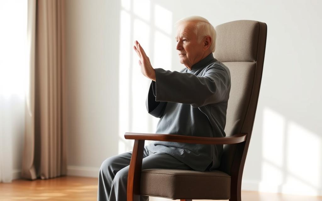A serene and balanced scene of an elderly person performing the graceful movements of Chair Tai Chi. The subject is seated in a sturdy, high-backed chair, their posture upright and focused. Soft natural lighting filters through a window, casting gentle shadows and highlights across the scene. The background is a tranquil, minimalist setting, allowing the fluid motions of the Tai Chi practice to take center stage. The model's expression is one of calm concentration, embodying the meditative essence of this practice designed to enhance balance and stability for seniors.
