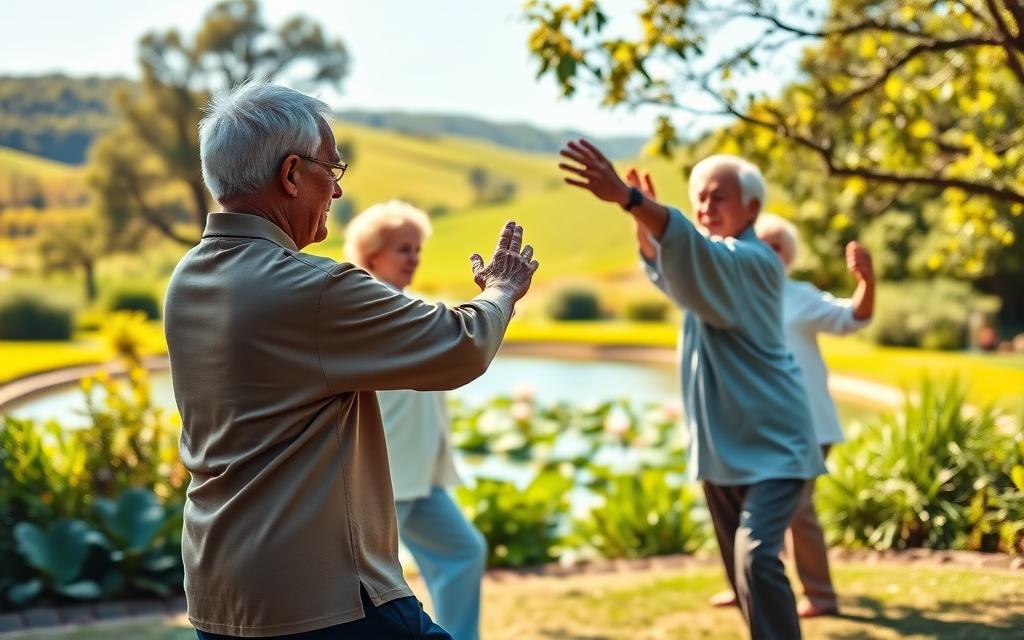 A serene and vibrant scene of seniors practicing Tai Chi in a lush, sun-dappled garden. In the foreground, elderly men and women move gracefully through the classic Tai Chi forms, their faces radiating calm and focus. The middle ground reveals a tranquil pond with floating lotus blossoms, while the background features a lush, verdant landscape with rolling hills and a clear blue sky. The lighting is soft and diffused, creating a warm, inviting atmosphere that emphasizes the transformative health benefits of this ancient practice for older adults.