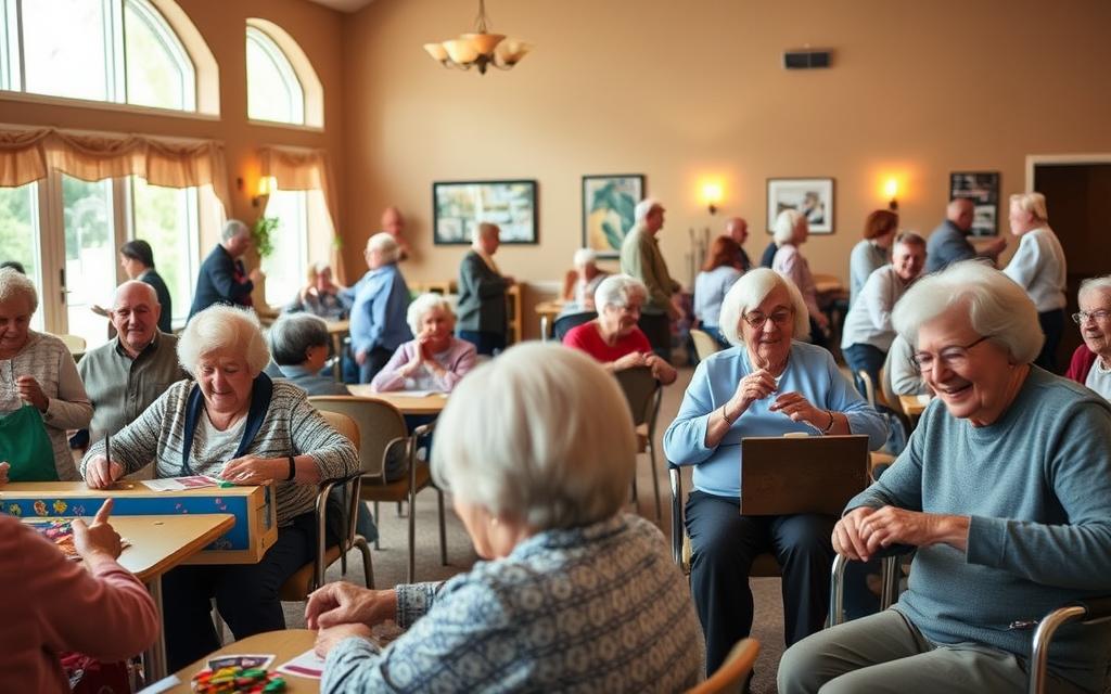 A serene community center, bathed in warm lighting, where senior citizens gather for a vibrant afternoon of social activities. In the foreground, a group of elders enthusiastically participate in an arts and crafts class, their faces alight with concentration and joy. The middle ground reveals seniors engaged in a spirited game of cards, laughter and camaraderie filling the air. Towards the back, others enjoy gentle exercises or converse animatedly, sharing stories and creating meaningful connections. The atmosphere is one of inclusive warmth, where the wisdom and experiences of these vibrant individuals are celebrated and their contributions to the community are cherished.