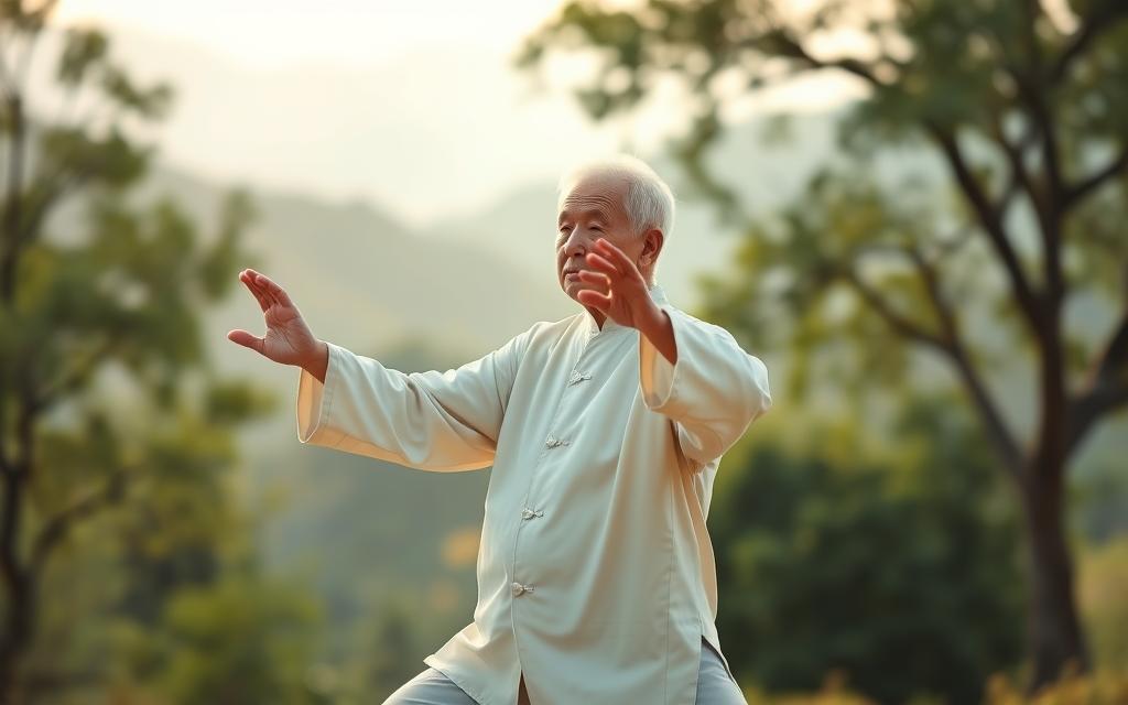 A serene elderly person gracefully performing the Tai Chi Cloud Hands exercise in a tranquil outdoor setting. The figure is illuminated by soft, diffused natural lighting, creating a calming atmosphere. The movement is fluid and precise, with the hands gliding through the air like wispy clouds. The background features a harmonious blend of lush greenery, muted hills, and a subtle, hazy sky. The composition is well-balanced, with the practitioner positioned in the center, allowing the viewer to focus on the mindful and coordinated motions of the exercise. The overall scene evokes a sense of inner peace, poise, and the beauty of the Tai Chi practice.