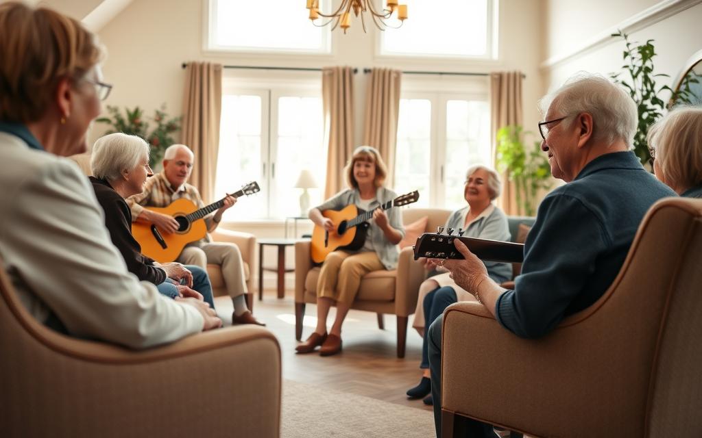 A serene music therapy session in a cozy, well-lit senior living facility. In the foreground, a group of elderly dementia patients sit in comfortable chairs, their faces alight with joy as they listen intently to a live acoustic guitar performance. The middle ground features a caring music therapist, guitar in hand, connecting with the patients through soothing melodies. The background depicts a warm, inviting space with soft lighting, calming decor, and large windows allowing natural light to filter in, creating a peaceful, therapeutic atmosphere. The scene conveys a sense of tranquility, engagement, and the restorative power of music for seniors living with dementia.